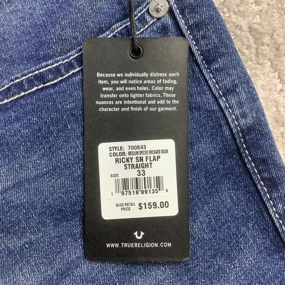 True Religion Ricky SN Flap Relaxed Straight Jeans Blue Size 33 x‎ 34 NWT